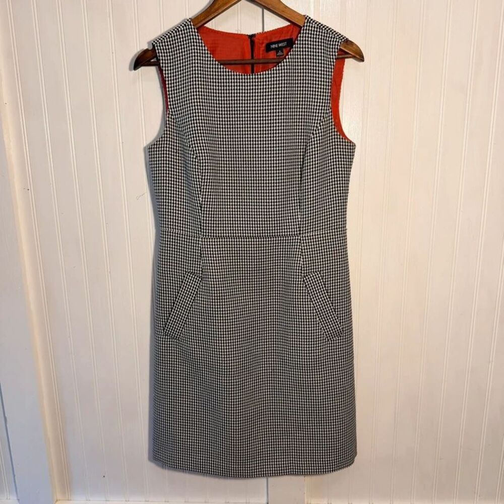 Houndstooth Dress womens 8 pockets black white red lining short length Nine West